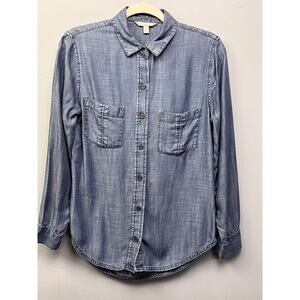 Banana Republic Button front Shirt Womens XS Denim Chambray Roll Tab Sleeve Flaw
